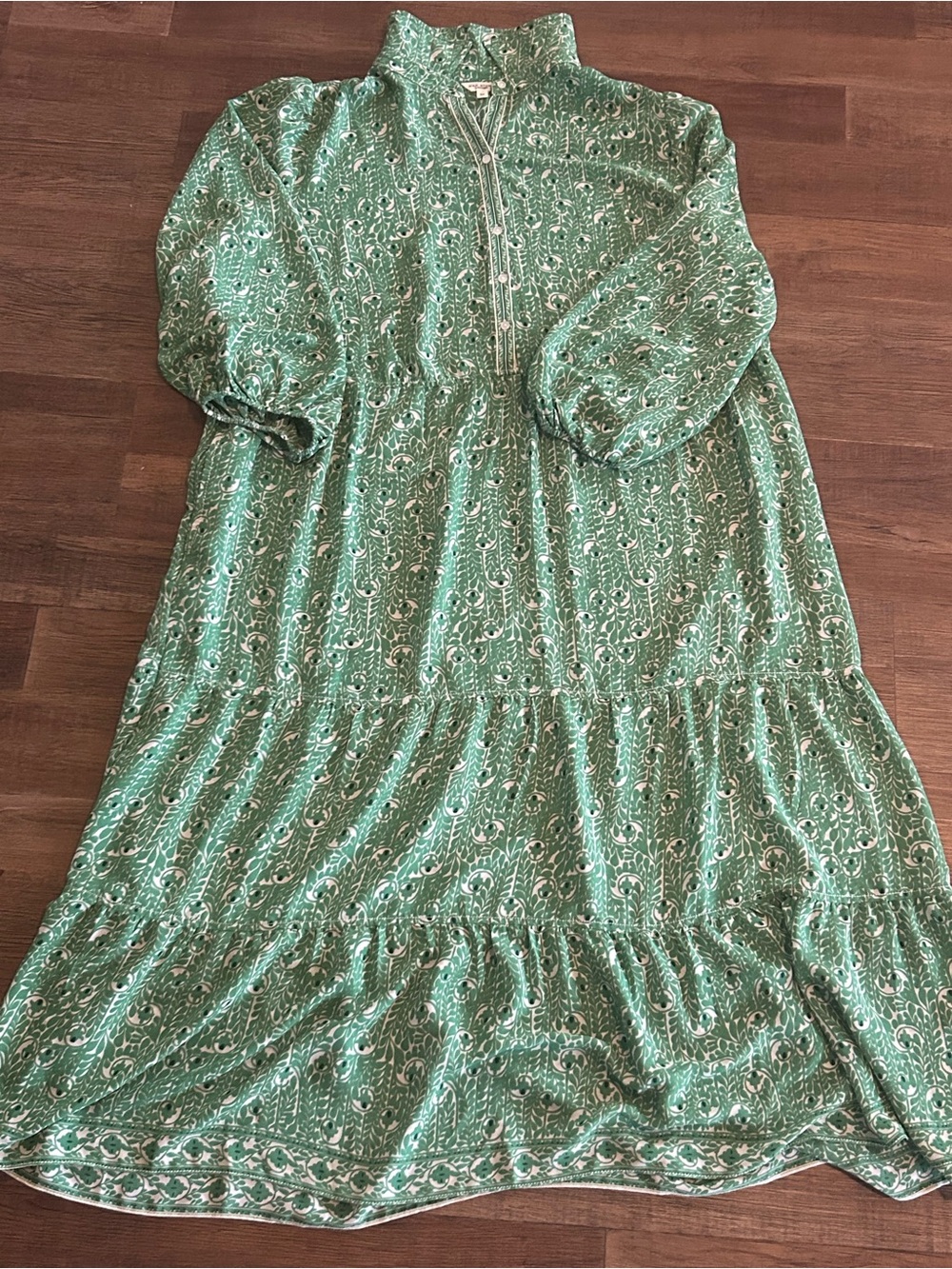 Women's Green Printed Long Sleeve Tiered Maxi Dress
